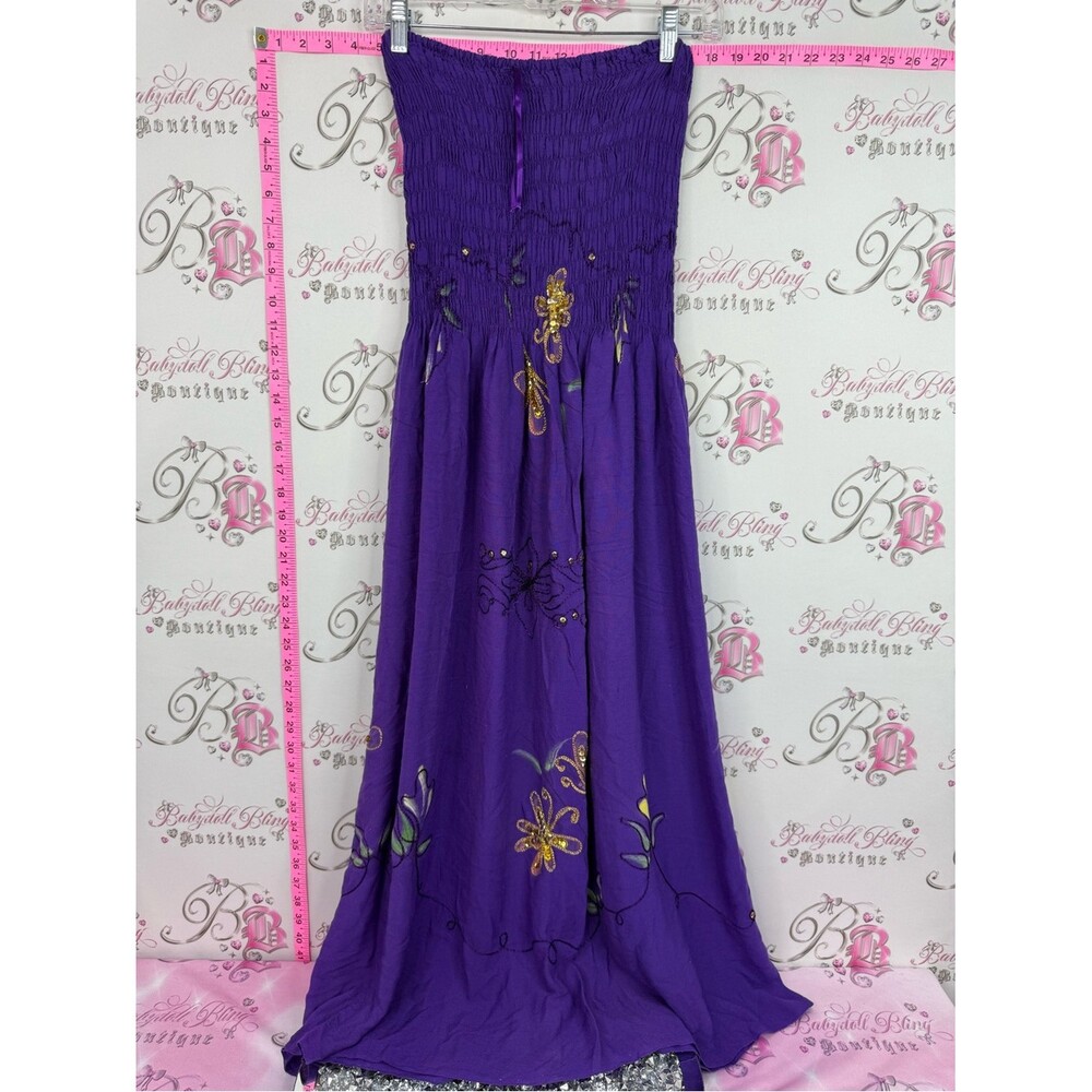 Dress smocked Purple Strapless Smocked Maxi Dress with Gold Floral Embroidery